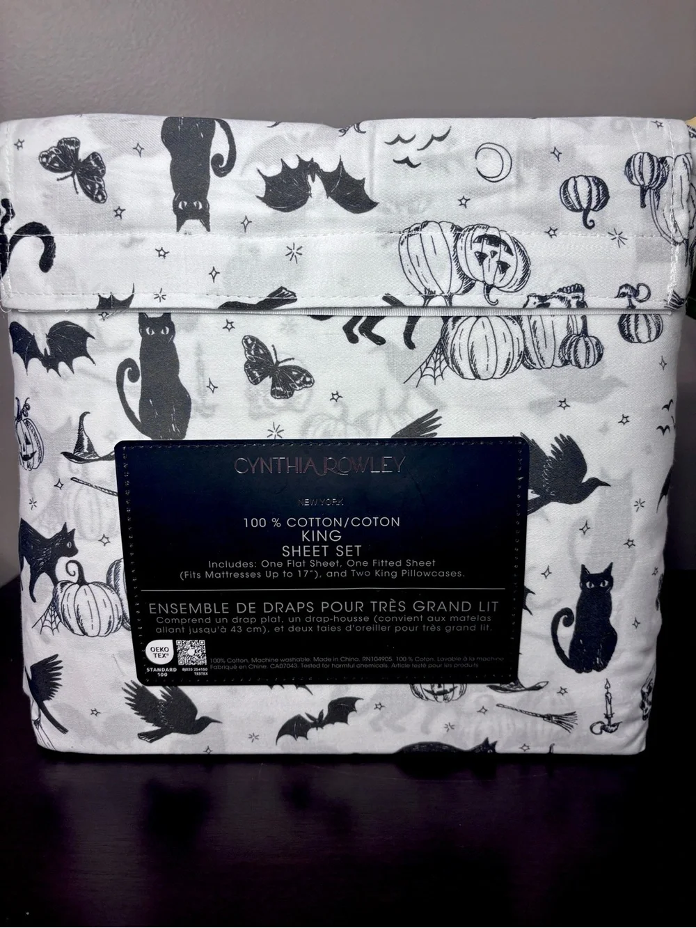 NEW Cynthia Rowley king size gothic black cat Halloween sheet set